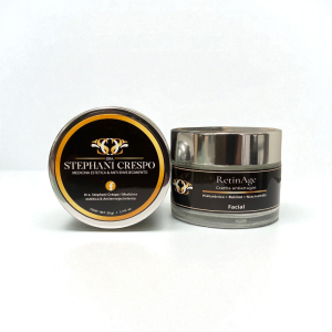 "RetinAge crema facial antiarrugas con ácido hialurónico de la Dra. Stephani Crespo en Mazatlán. Hidratación intensa y rejuvenecimiento de la piel."