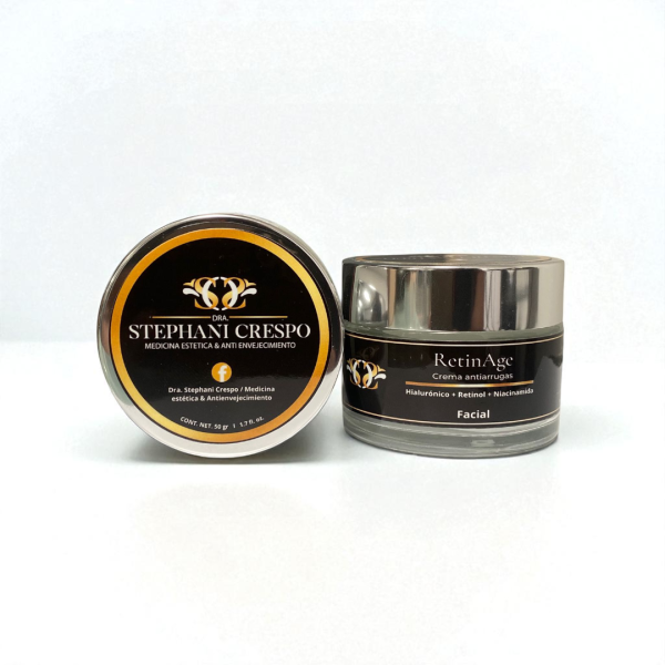 "RetinAge crema facial antiarrugas con ácido hialurónico de la Dra. Stephani Crespo en Mazatlán. Hidratación intensa y rejuvenecimiento de la piel."